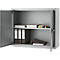 Gray steel cabinet with open doors. Inside: file folders, paper, pens.