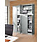 Grey filing cabinet with open doors, filled with folders and shelves in an office.