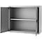 Open gray steel cabinet with two shelves. One cabinet door is fully open, the other almost.