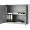 Grey steel cabinet with open doors, filled with files, paper and office supplies.