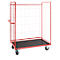Red cage trolley with black loading area and four wheels, against a white background.