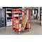 Red transport cart loaded with goods in a warehouse.