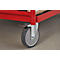 Close-up of a red cart with a gray wheel and black stopper.