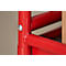 Close-up of a red metal construction, fastened with a screw. The background is light beige.