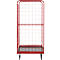 Red cage trolley with grid walls, on four wheels. A loading area is available at the bottom.