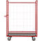 A red mesh cart with wheels and a gray base, against a white background.