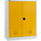 Gelber Metallschrank mit zwei Türen, schwarzem Griff und Lüftungsschlitzen.