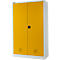 Gelb-weißer Schrank mit zwei Türen und schwarzem Griff.