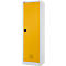 Ein gelber Schrank mit einer Tür, einem schwarzen Griff und Lüftungslöchern. Der Schrank hat einen weißen Rahmen.