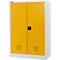Gelber, zweitüriger Schrank mit schwarzem Griff. Unterhalb der Türen sind rechteckige Lüftungsschlitze angebracht. Der Rahmen ist weiß.
