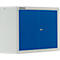 Wall cabinet, white housing, blue doors. Front logo: SCHÄFER SHOP. Lock with small lock.