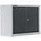 Wall cabinet, light gray with dark gray doors and lock. Logo: Schäfer Shop.