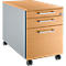 Mobile pedestal with wooden front, silver side, three drawers with silver handles. On castors.