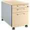 Beige and gray mobile pedestal with three drawers, silver handles, and wheels.