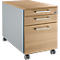 Light brown rectangular mobile pedestal with three drawers and silver handles. It stands on grey castors.