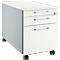 White mobile pedestal with three drawers, silver handles and wheels. A gray side panel and a lock.