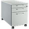 Light gray three-drawer mobile pedestal with silver handles and lock, stands on casters.