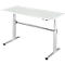 A white height-adjustable desk with silver legs and a stabilizing crossbar.