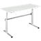 A white height-adjustable desk with silver legs. The tabletop is rectangular.