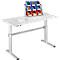 A height-adjustable, white desk with tool boxes.