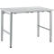 A light grey table with adjustable legs. Rectangular tabletop, metal frame.