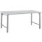 A rectangular, grey table with four legs. Tabletop and legs are made of metal. The table stands against a white background.