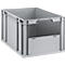 Bac de stockage gerbable en plastique gris avec face avant ouverte sur fond neutre.