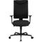 Chaise de bureau noire, vue de face, avec accoudoirs et roulettes.