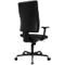 Chaise de bureau noire, dossier incurvé, accoudoirs et cinq roulettes.