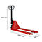 Chariot élévateur rouge avec dimensions. Hauteur 1230 mm, longueur 1550 mm, largeur 540 mm. Timon et roues noirs.