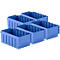 Vijf blauwe plastic containers, iets schuin afgebeeld.