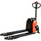 Electric pallet truck, orange and black, against a white background. Details: forks, handle, motor.