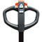 Black forklift handle with orange details and control buttons.