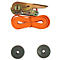 Orangefarbenes Spanngurt-Set mit Metall-Ratsche und zwei grauen Kunststoffrollen.