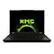 Schwarzer Laptop mit leuchtender grüner Tastatur und Bildschirm, auf dem das XMG-Logo vor einem Weltraumhintergrund zu sehen ist.