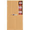 Heller Holzschrank mit Schiebetüren und roten Ordnern.