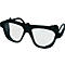 Lunettes de sécurité, monture noire, verres transparents. Petits trous sur le côté. Texte sur le verre.