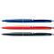 Three ballpoint pens in blue, red, and black, silver details. Schneider 49 writing.
