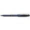 Close-up of a blue ballpoint pen. The barrel is dark blue, the end is ribbed. The clip is metallic.