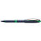 A blue ballpoint pen with green accents. The tip, the handle, the ink and the clip are clearly visible.