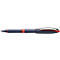 Blue and red ballpoint pen tapering to a point.