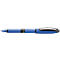 Blue ballpoint pen, close-up, details such as ribbed grip, tip, clip.
