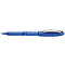 Blue ballpoint pen with metal tip and clip. Plastic body with rubberized grip zone.