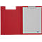 Offener roter Klemmbrett-Ordner mit kariertem Papier und Metallclip. Rechts steht smile@work.