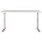 Weißer Schreibtisch mit höhenverstellbaren Beinen. Die Tischplatte ist rechteckig, die Beine grau mit Bedienfeld.