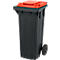 Schwarze Mülltonne mit rotem Deckel und Rad.