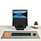 Schreibtisch mit Monitor, Tastatur, Maus und Pflanzen. Der Monitor zeigt eine Berglandschaft.