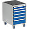 Schubladenblock Treston 53/66-2, 6 abschliessbare Schübe, mobil, bis 300 kg, B 530 x T 640 x H 795 mm, Stahl, lichtgrau RAL 7035/brillantblau RAL 5007