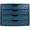 Blaue Schubladenbox mit vier Schubladen, helit Logo unten rechts.