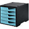 Schubladenbox styro® styroswingbox, 5 Schübe, Auszugsperre & Griffmulde, stapelbar, B 270 x T 340 x H 255 mm, Polystyrol, schwarz-aqua